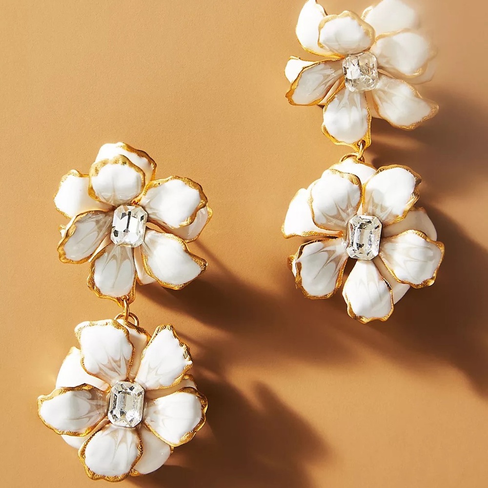 THE PINK REEF DOUBLE DROP HAND PAINTED FLOWER EARRINGS WHITE